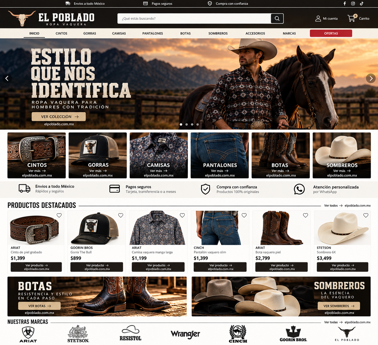 El Poblado ropa vaquera: cintos, gorras, camisas, pantalones, botas y sombreros